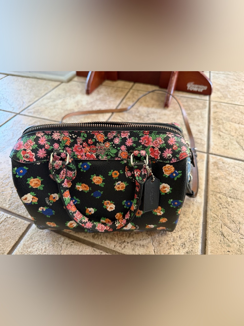 Coach Black Floral Leather Satchel with Pink and Orange Blooms